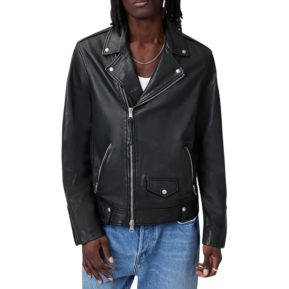 AllSaints Milo Biker Leather Jacket Black M062LB Mens Large NEW